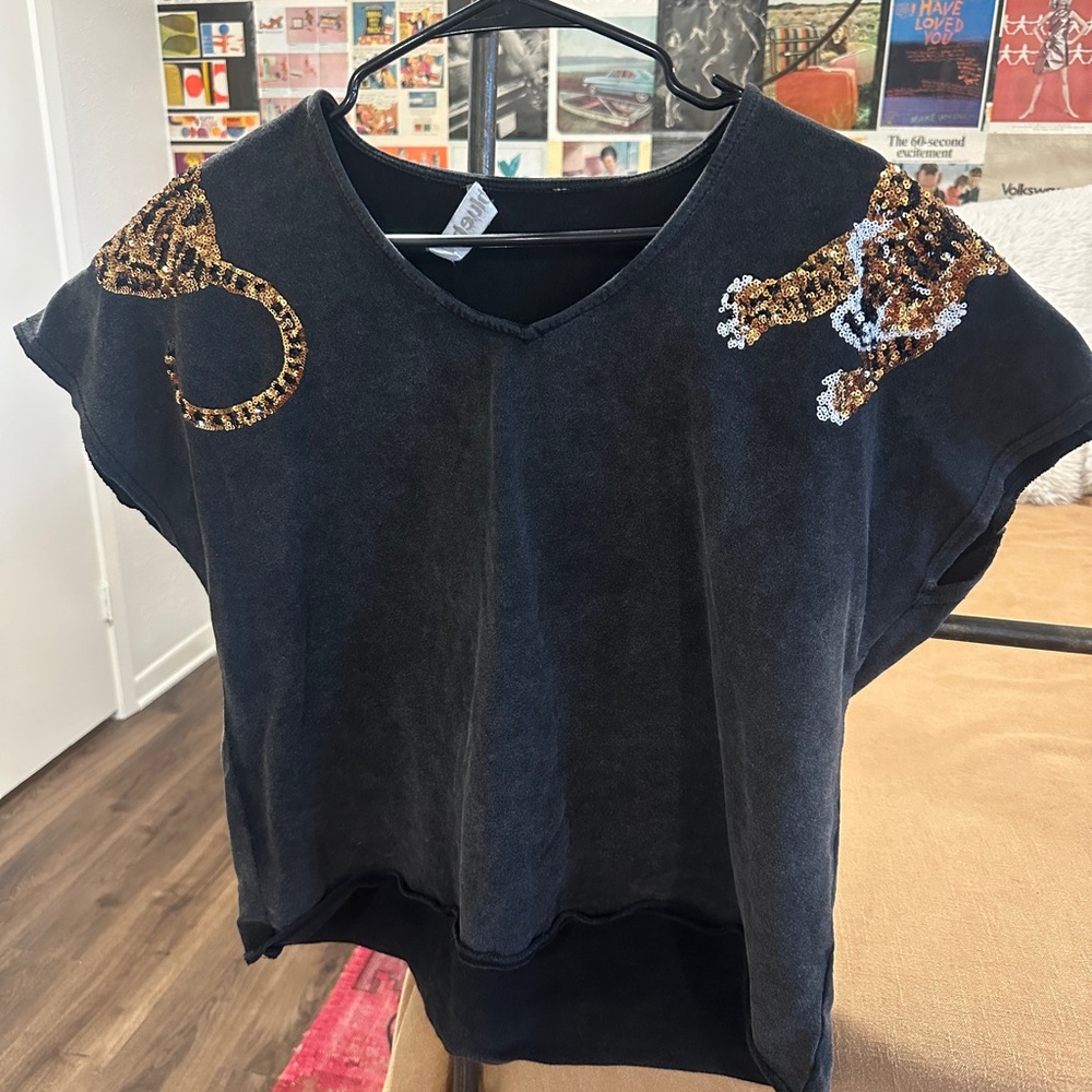 Embroidered Black Top with Animal Design